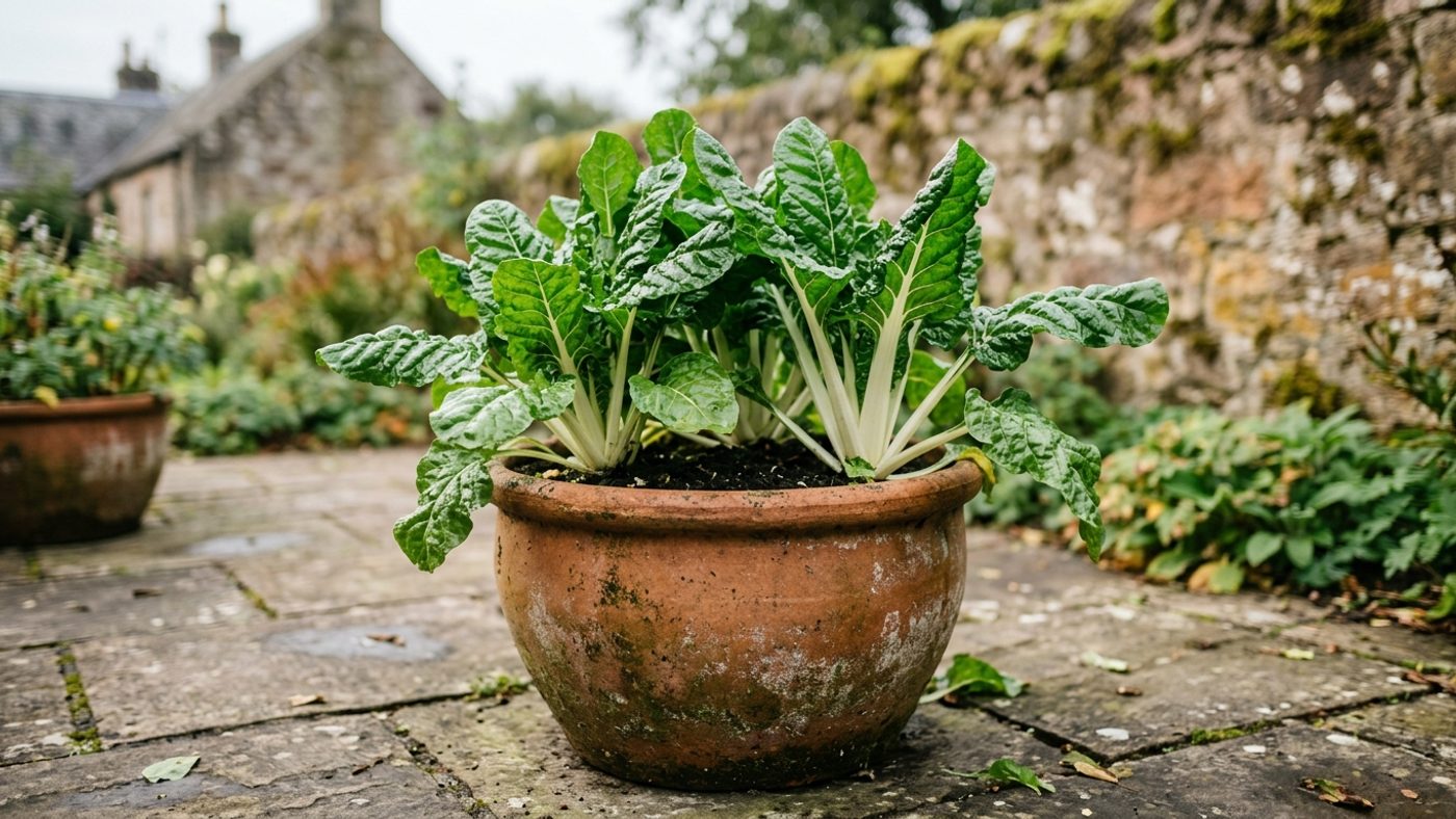 Chard growing in a large container with glossy leaves and white stalks, suited to a patio or flower border