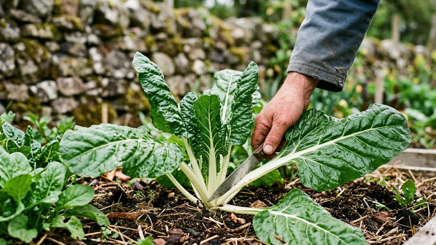 A hand picking an outer chard leaf cleanly at the base, leaving the centre rosette to keep growing