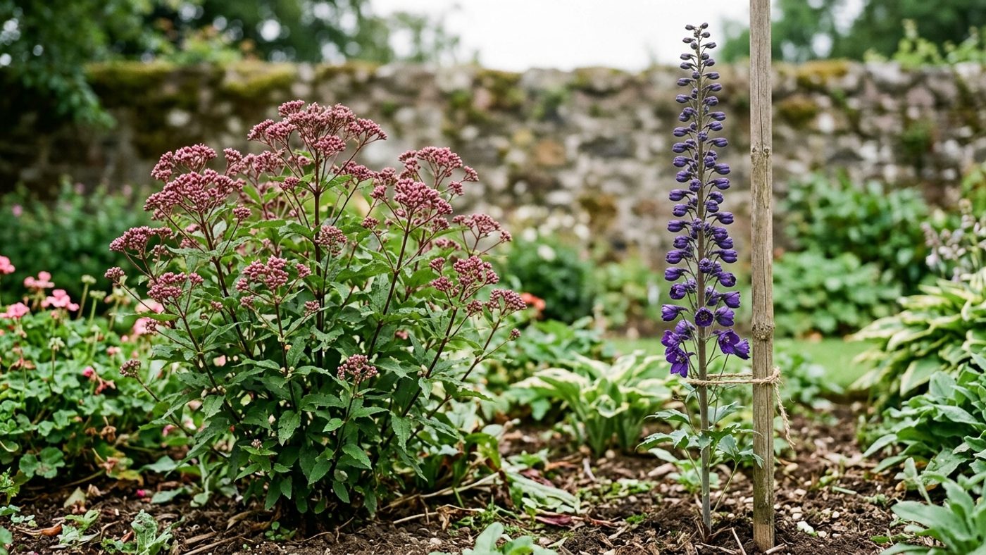 A bushy, well-branched perennial next to a tall single flower spike staked to a cane, showing which habit suits the Chelsea Chop