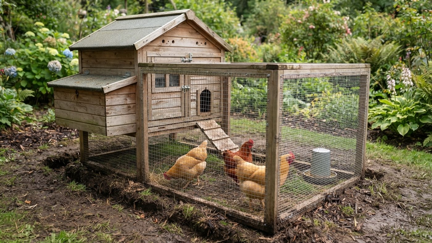 A close-up of a weatherproof hen house and predator-proof wire mesh run