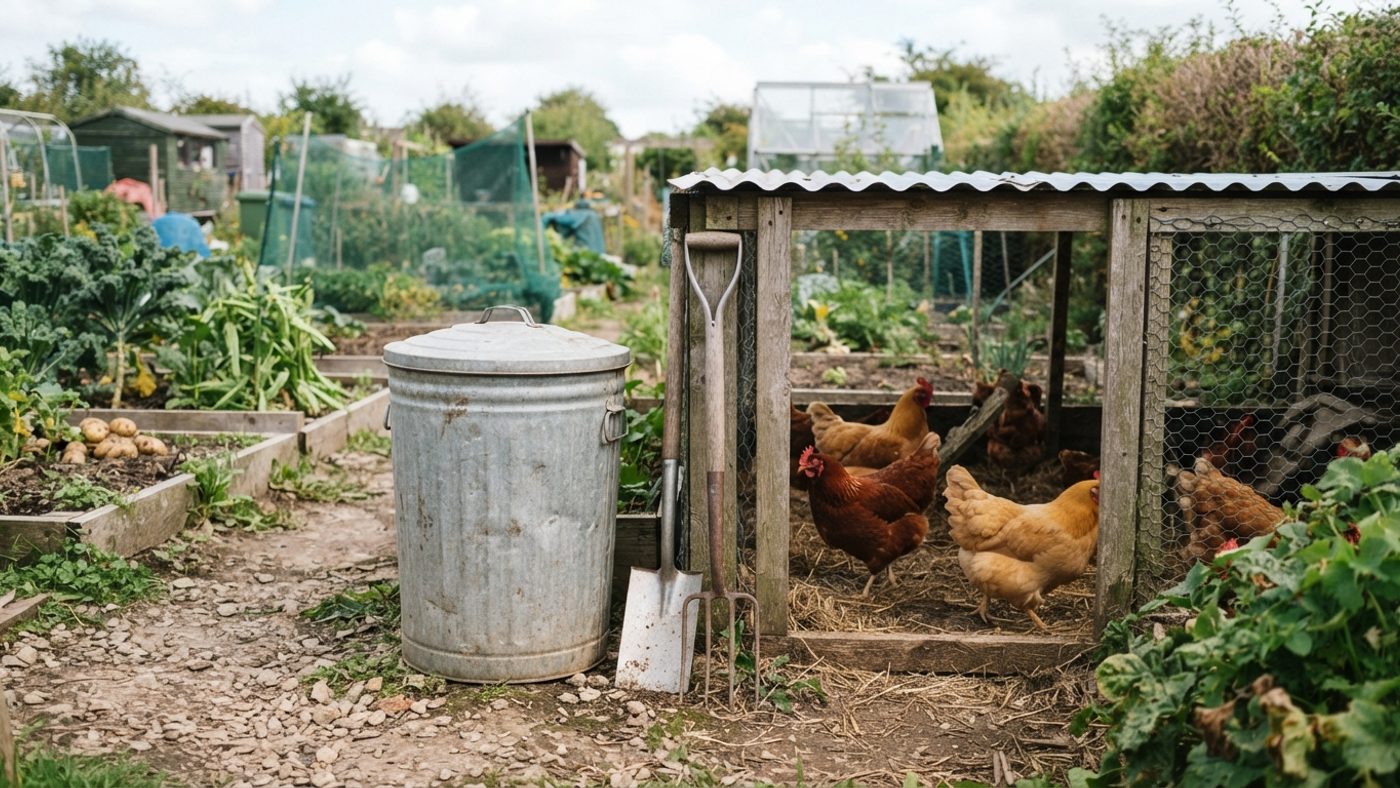 A lidded metal feed bin sited beside a hen run to keep feed secure from rats