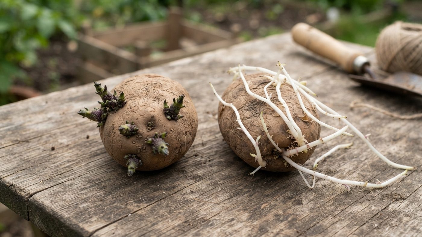 A seed potato with short stubby green sprouts next to a seed potato with long pale thin leggy sprouts