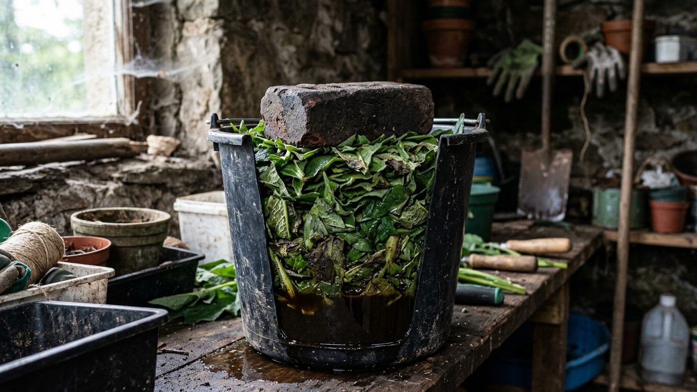 Chopped comfrey leaves packed tightly into a lidded container weighted with a brick, making a concentrated liquid feed