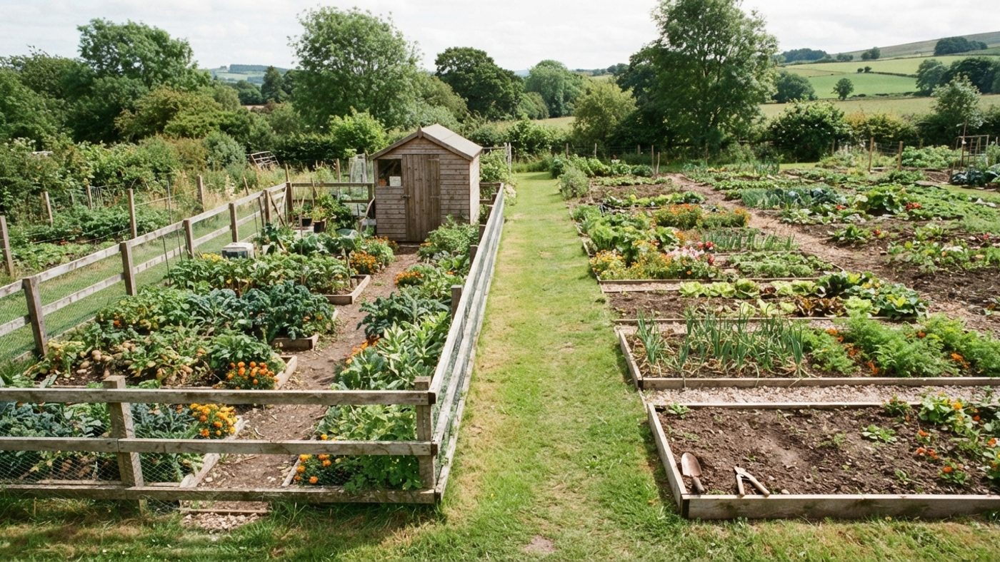 An individually fenced allotment plot with its own boundary next to an open, shared communal garden bed with no boundary