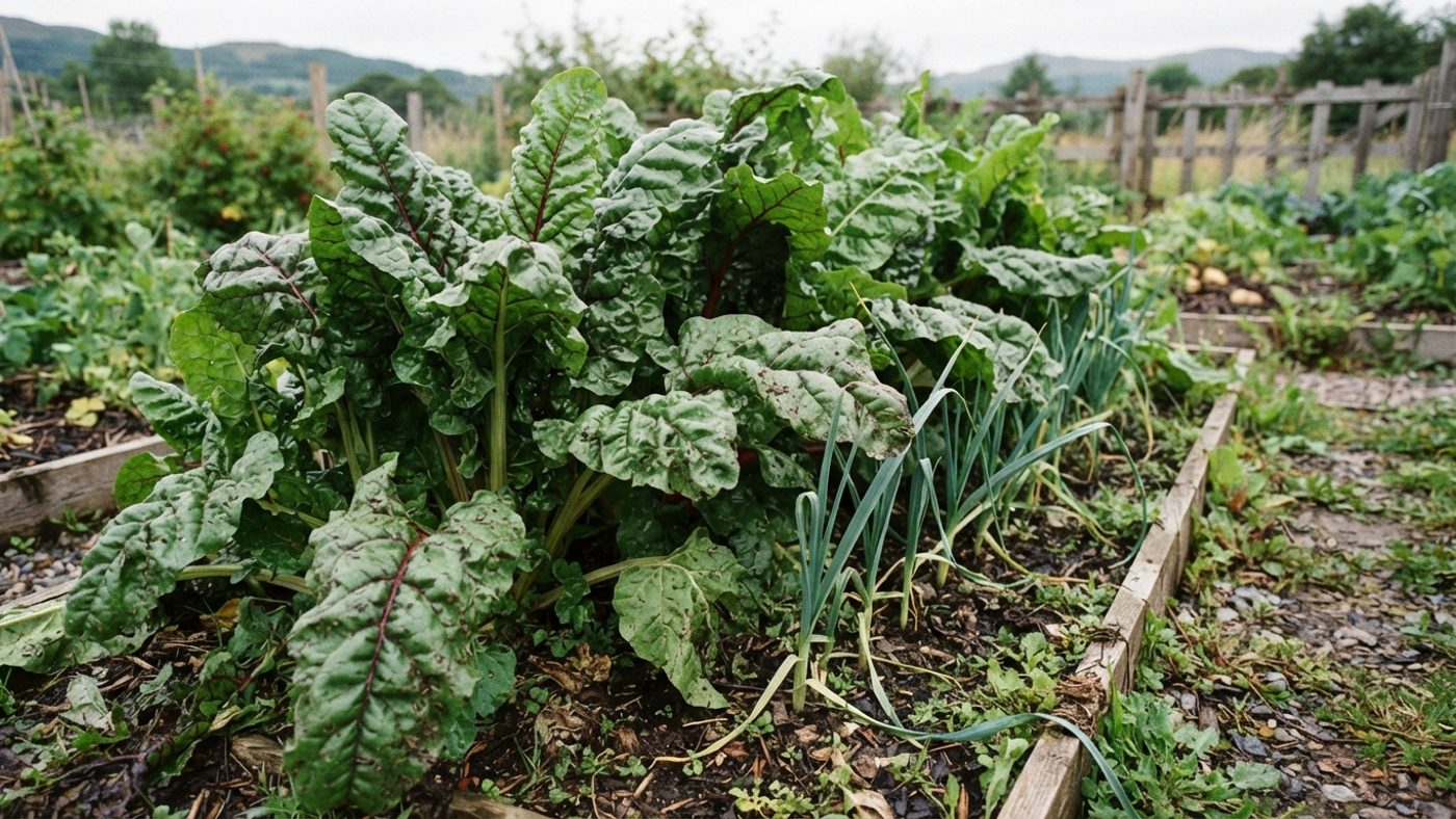 Bulky chard leaves crowding and overshadowing a row of thin slow-growing leeks in the same bed