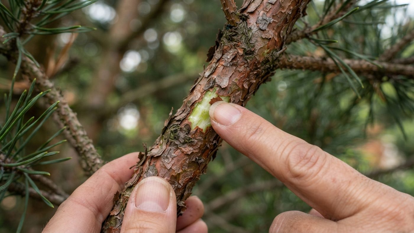 A hand scratching a small patch of bark on a conifer branch with a fingernail to check the tissue underneath