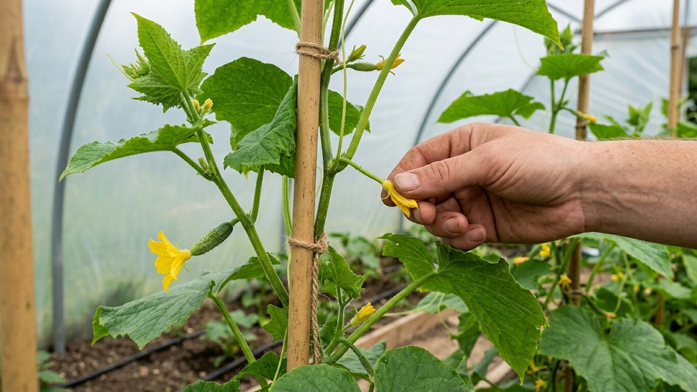 Fingers removing a male cucumber flower on a plain stem from a greenhouse plant to prevent pollination