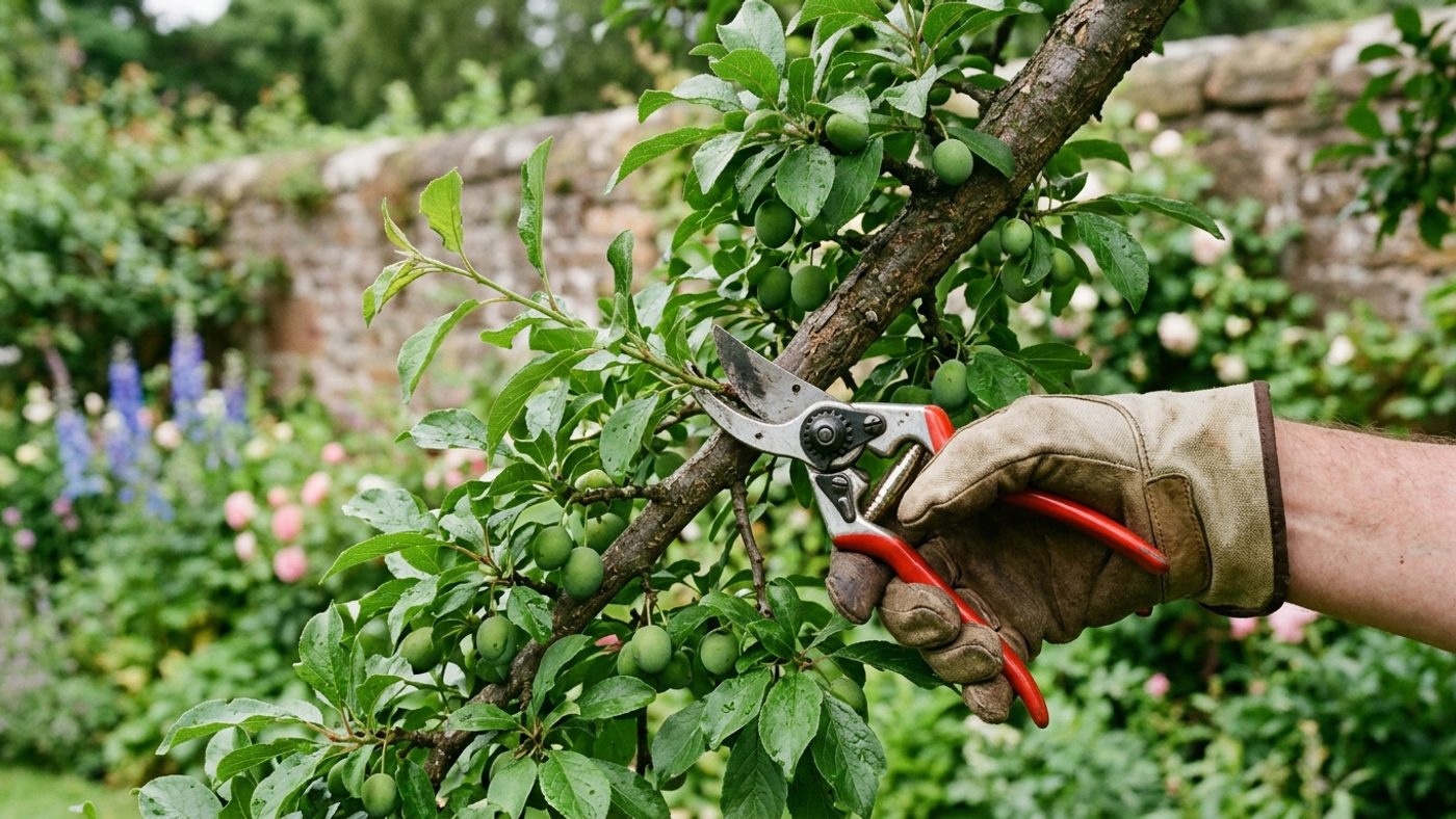 Secateurs pruning a damson tree in summer, once established, rather than during the dormant season