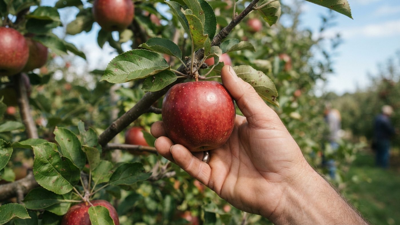 A hand cupping a ripe apple and giving it a gentle twist to pick it