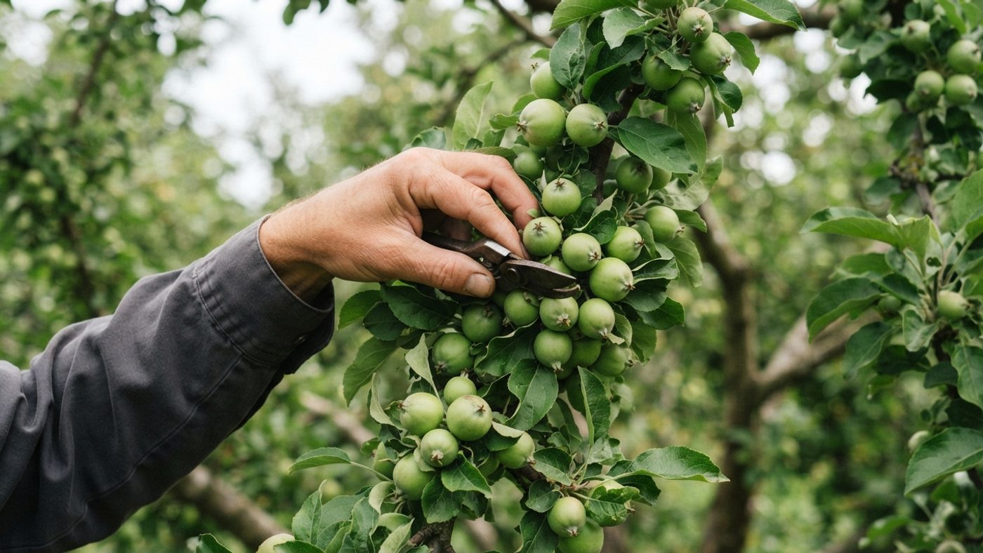 A hand thinning a crowded cluster of small green apples on a branch