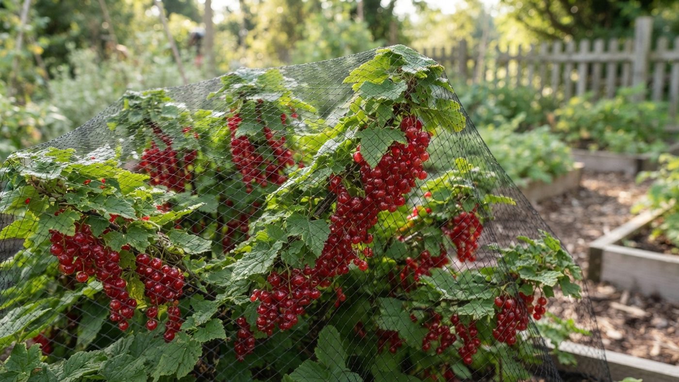 Fine netting draped over a currant bush to protect the ripening fruit from birds