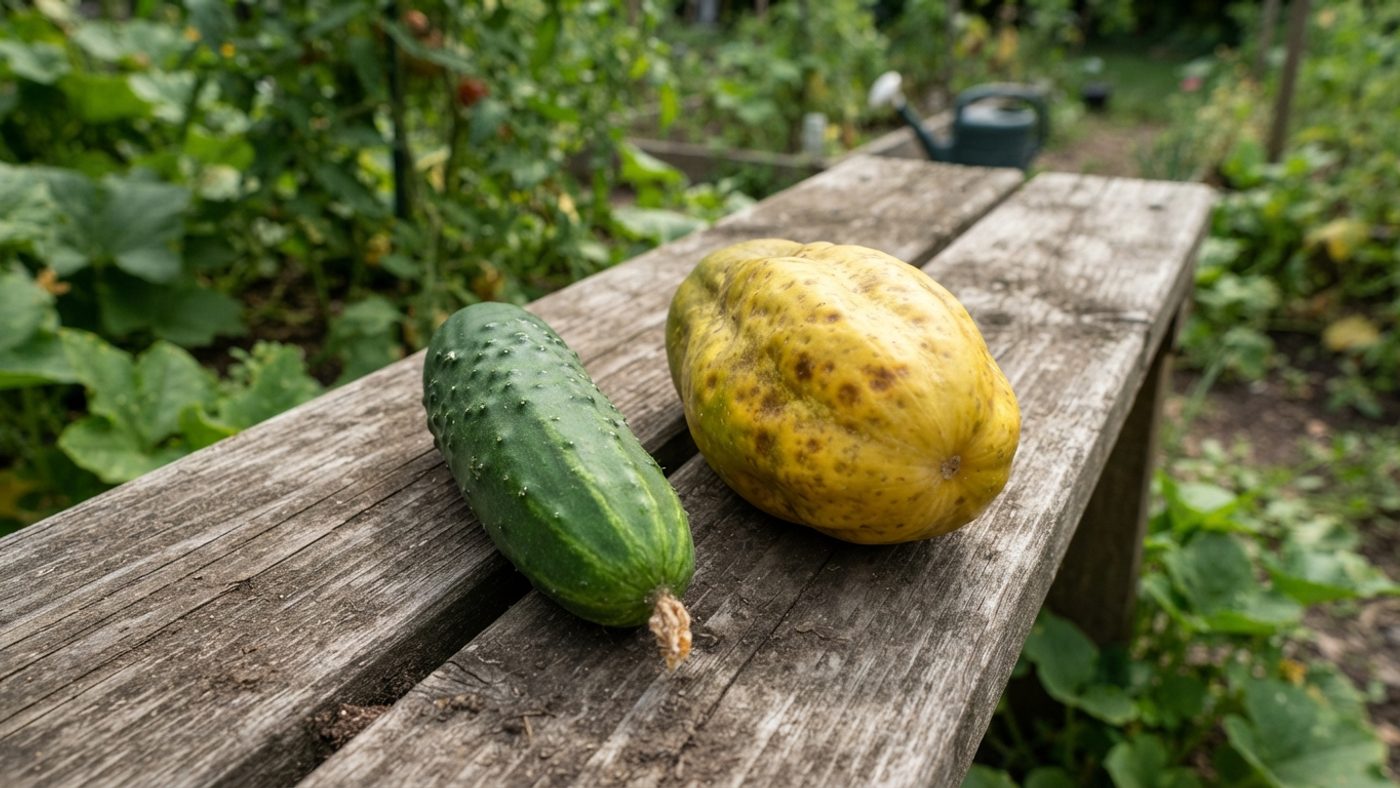 A ripe firm green cucumber laid next to an overripe yellowed bulbous one for comparison