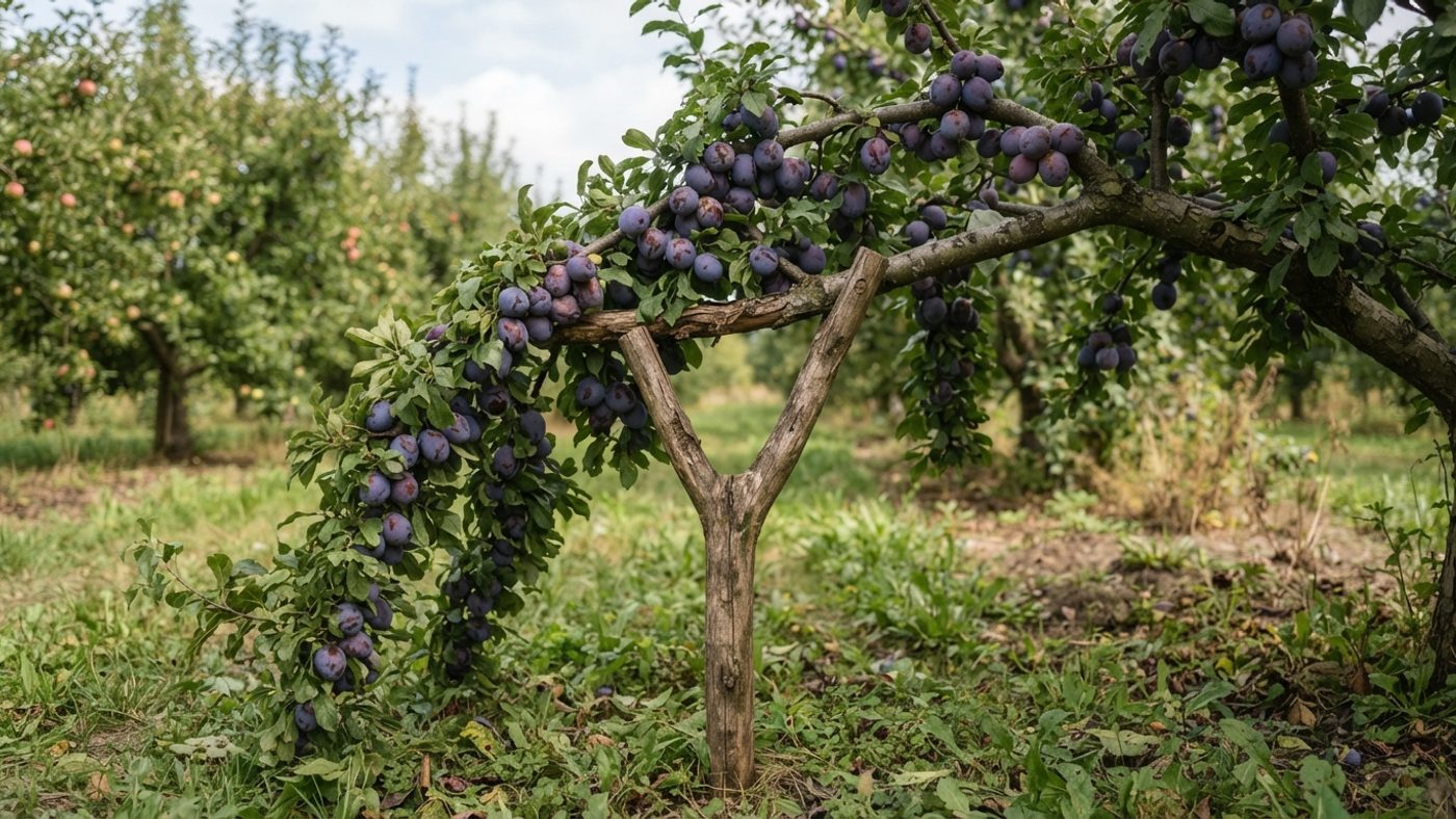 A wooden prop supporting a heavily fruited plum tree branch