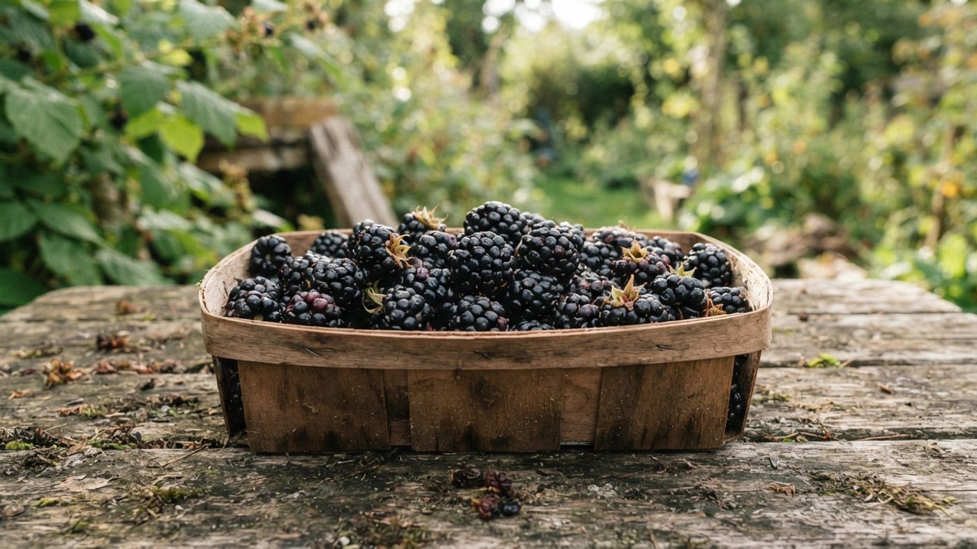 Freshly picked blackberries kept shallow in a punnet, only a couple of layers deep
