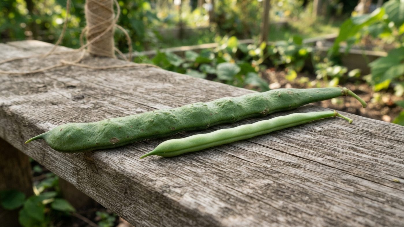A longer runner bean pod laid next to a shorter, slimmer French bean pod for comparison