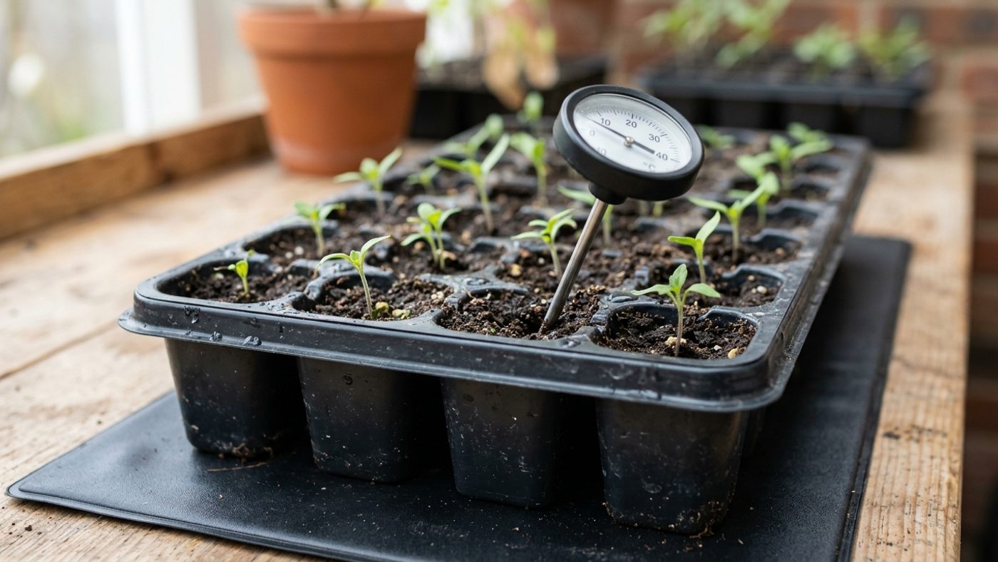 A seed tray sitting on a heat mat with a thermometer probe in the compost