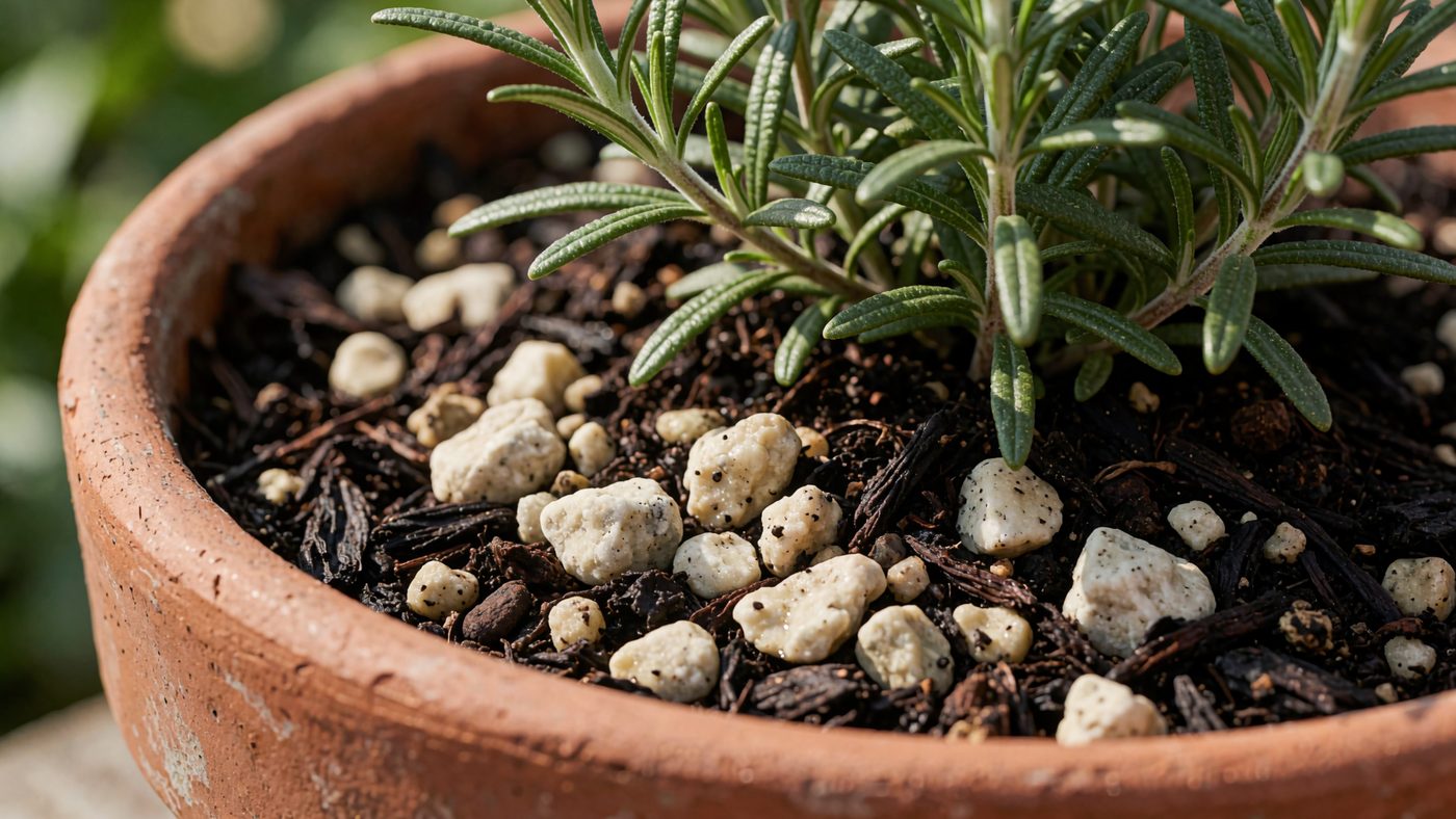 A rosemary plant in a terracotta pot, pale angular grit stones visibly mixed through the dark compost surface