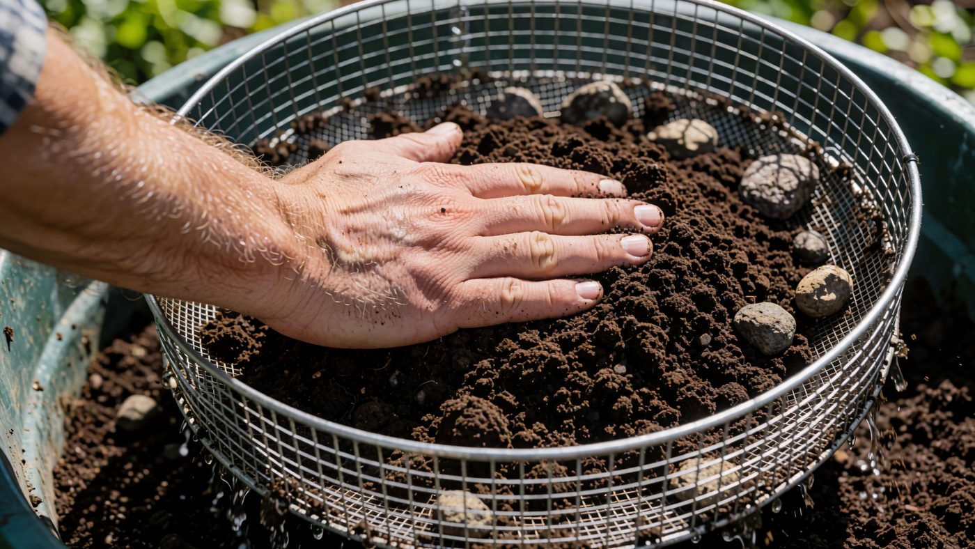 A hand pushing garden soil through a wire garden sieve, fine soil falling through and stones left behind