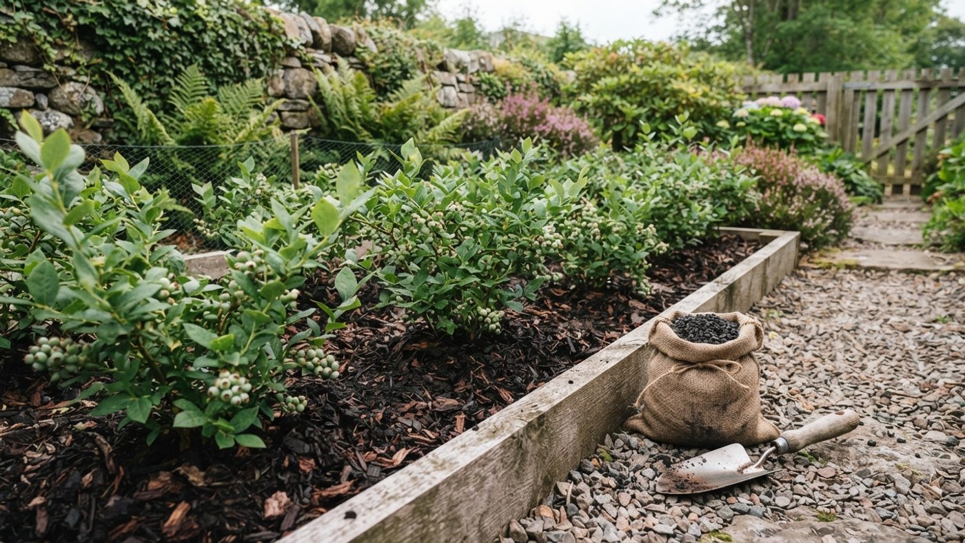 A gardening trowel and a small bag of dark biochar granules kept well away from a bed of blueberry bushes