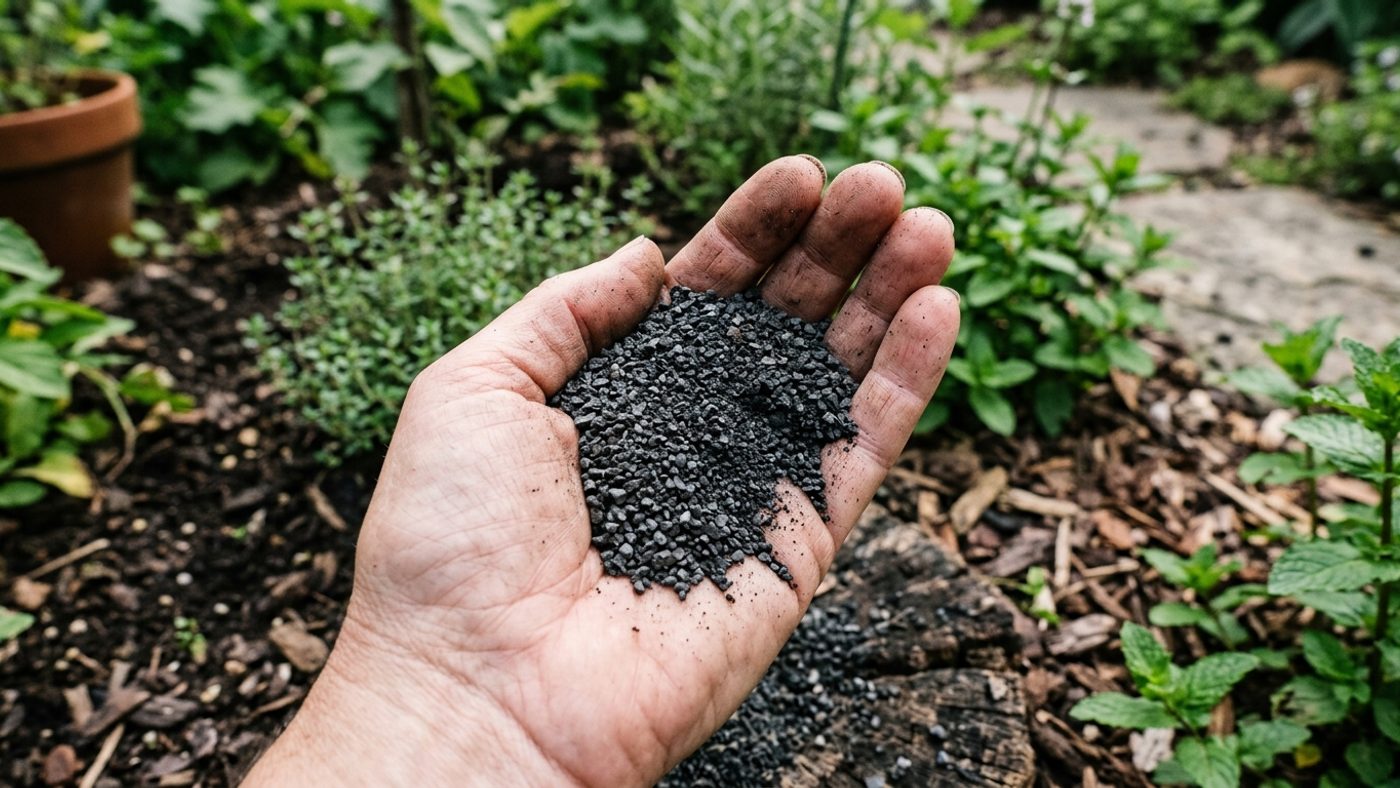 A hand holding a small pile of fine grey-black crushed basalt rock dust granules