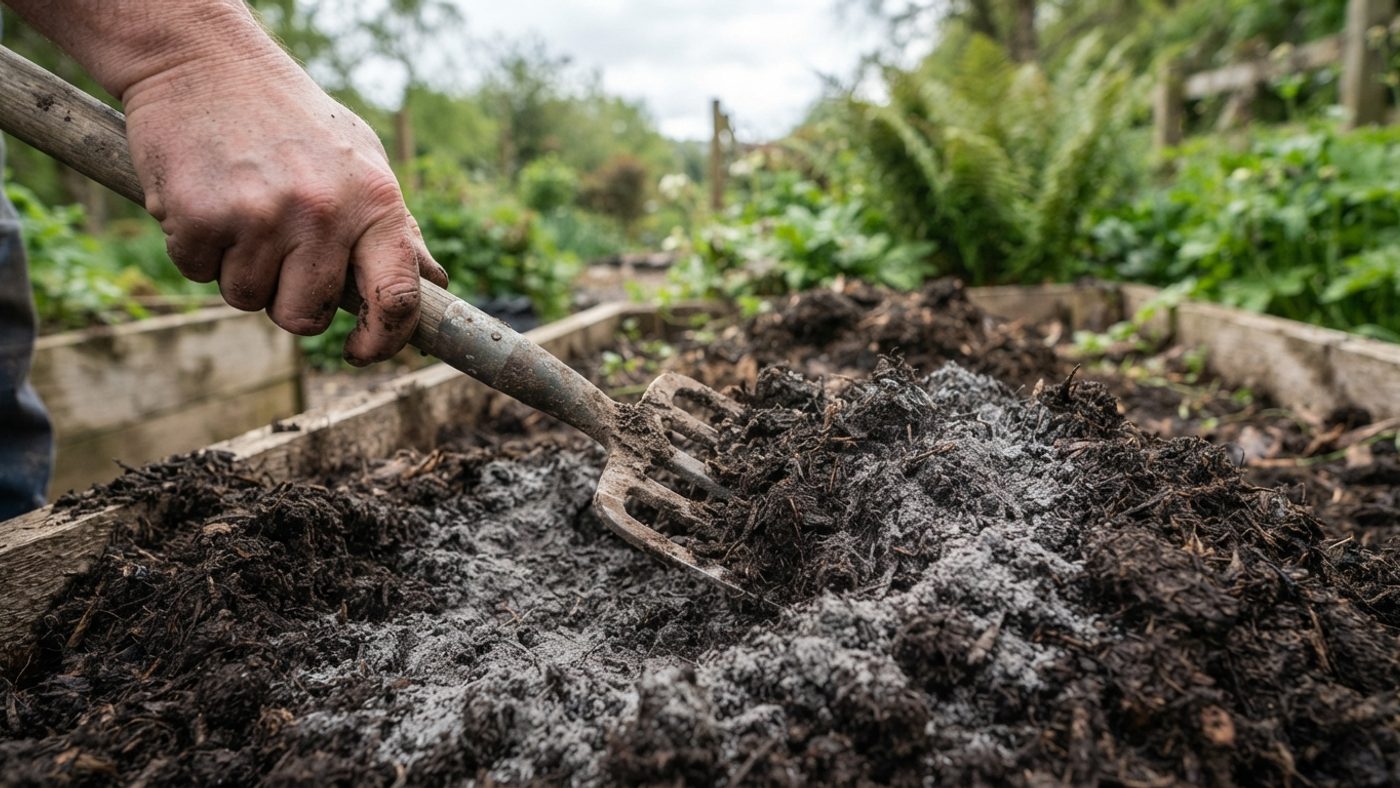 A hand mixing fine grey rock dust powder into a heap of dark compost with a garden fork