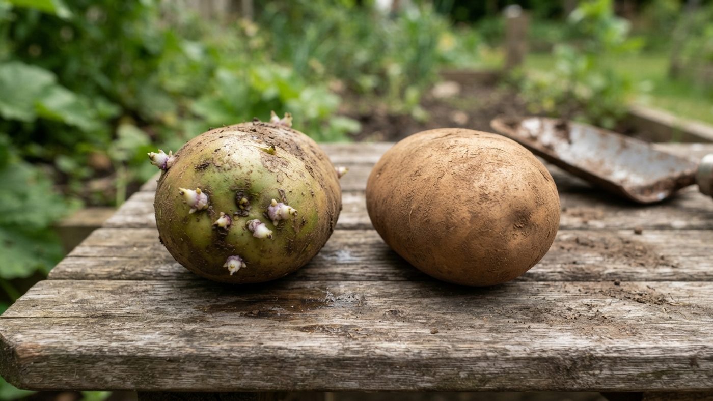 A potato with green skin and sprouts next to an ordinary unblemished brown potato