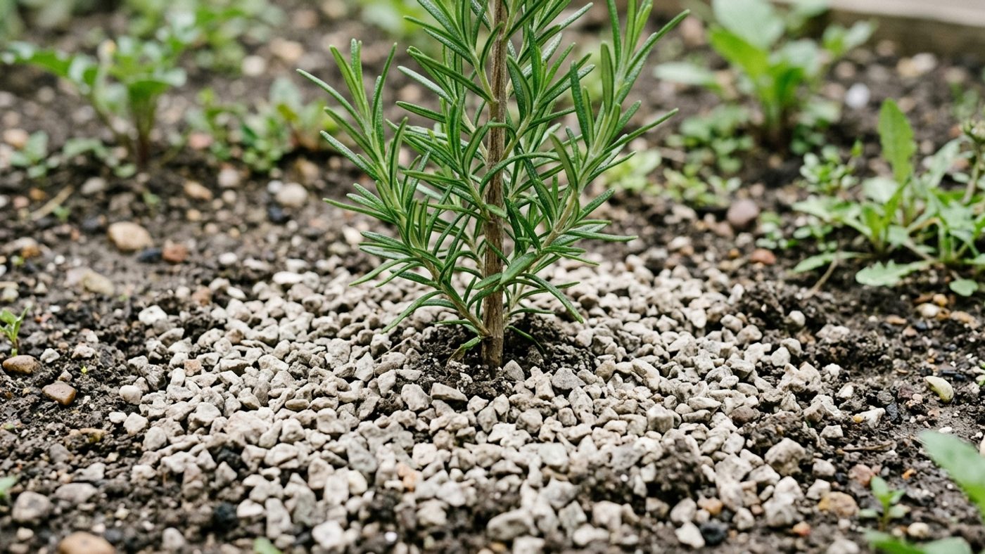 A close-up of grit mulch spread around the base of a rosemary plant