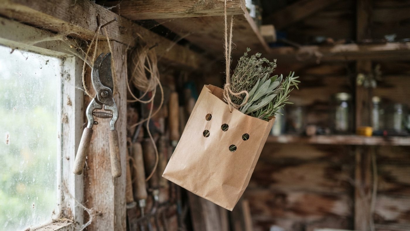 A small herb bunch hanging inside a paper bag with holes punched for ventilation