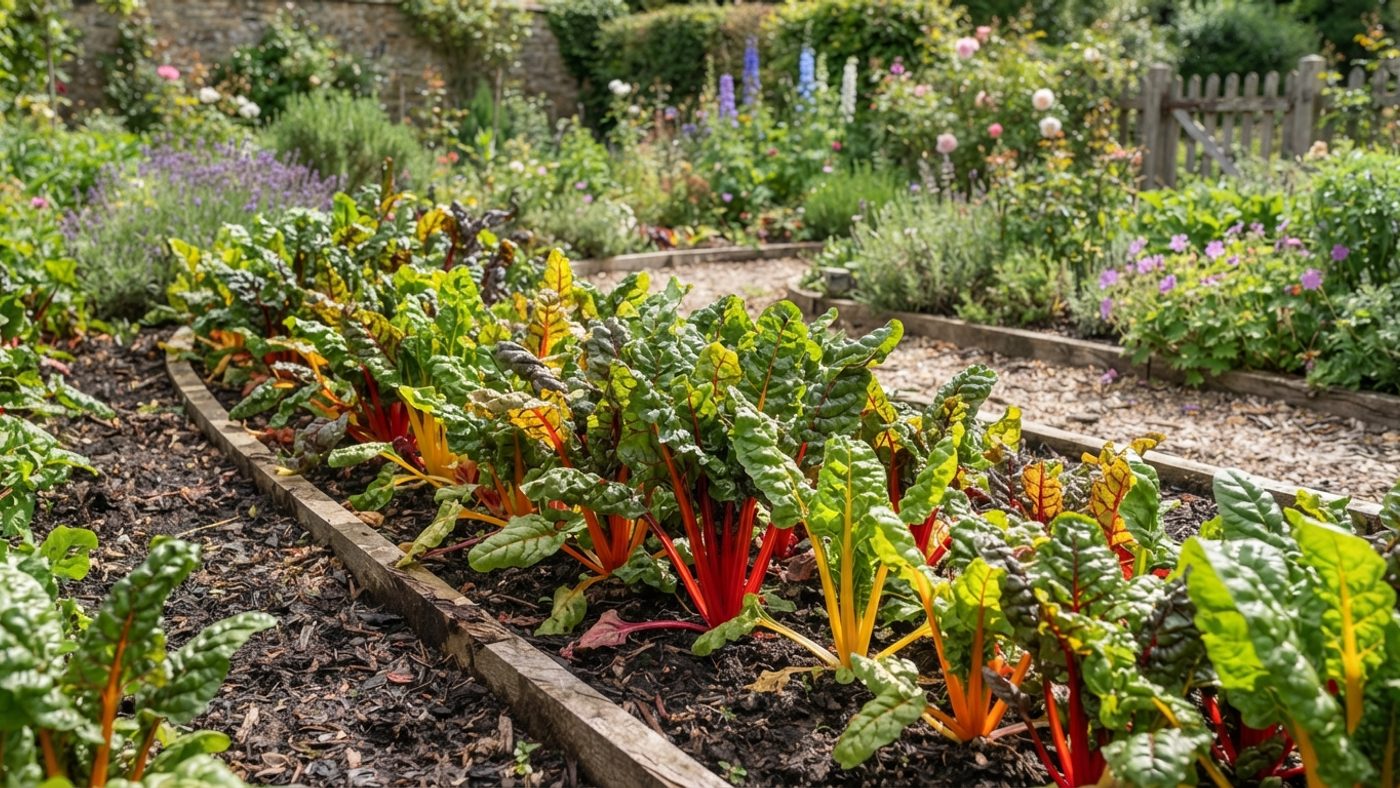 A mass planting of rainbow chard with red, yellow and orange stems along a border edge