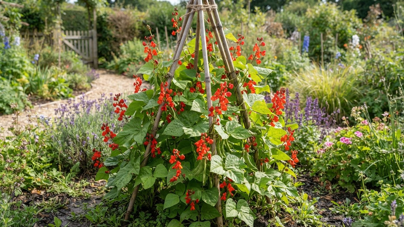 Scarlet runner bean flowers climbing a wigwam of canes in a garden border