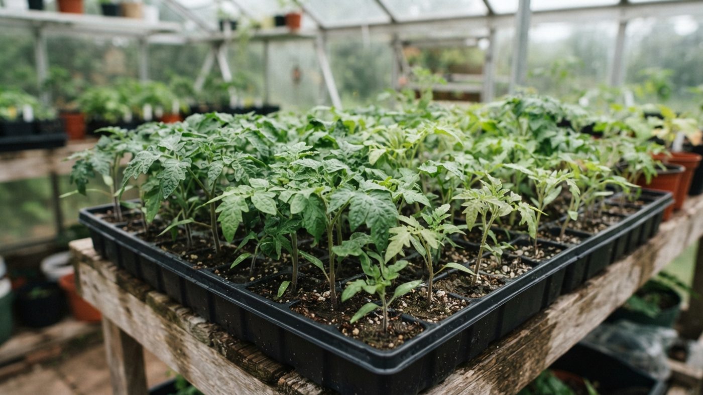 A mixed tray of heirloom tomato seedlings showing slightly varied leaf shapes and colours