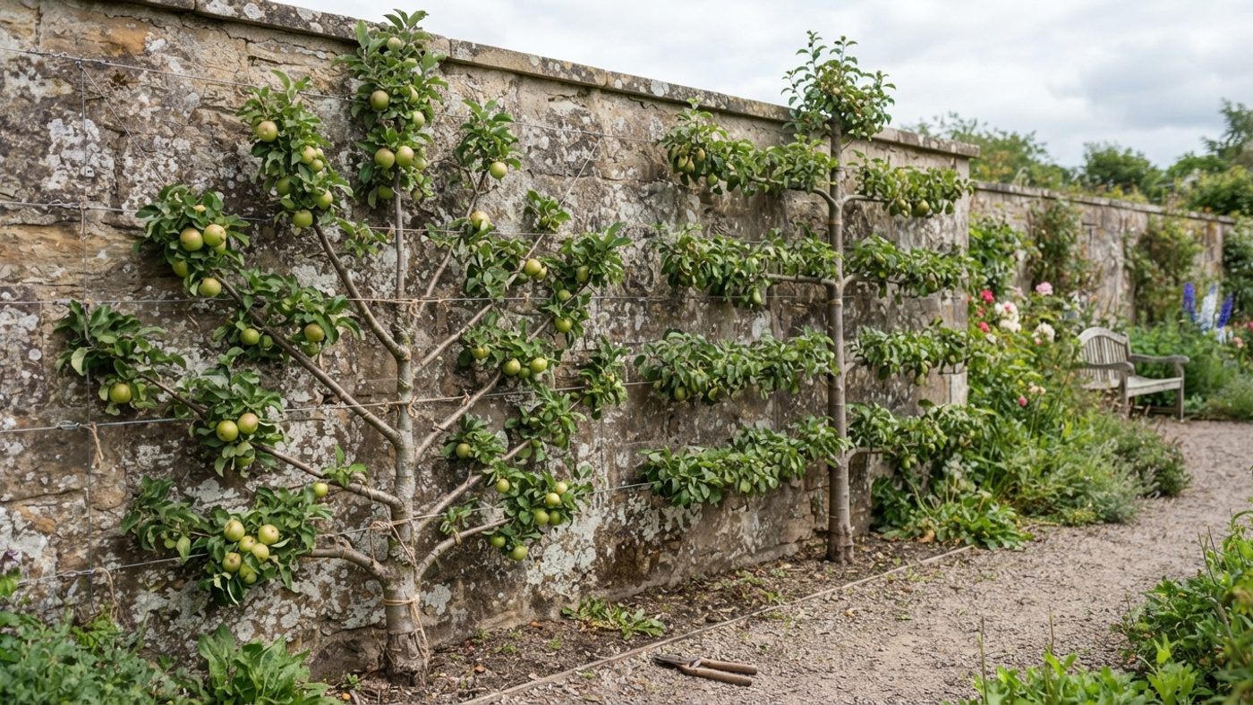 A fan-trained tree with branches radiating outward at angles next to an espalier-trained tree with branches in flat horizontal tiers