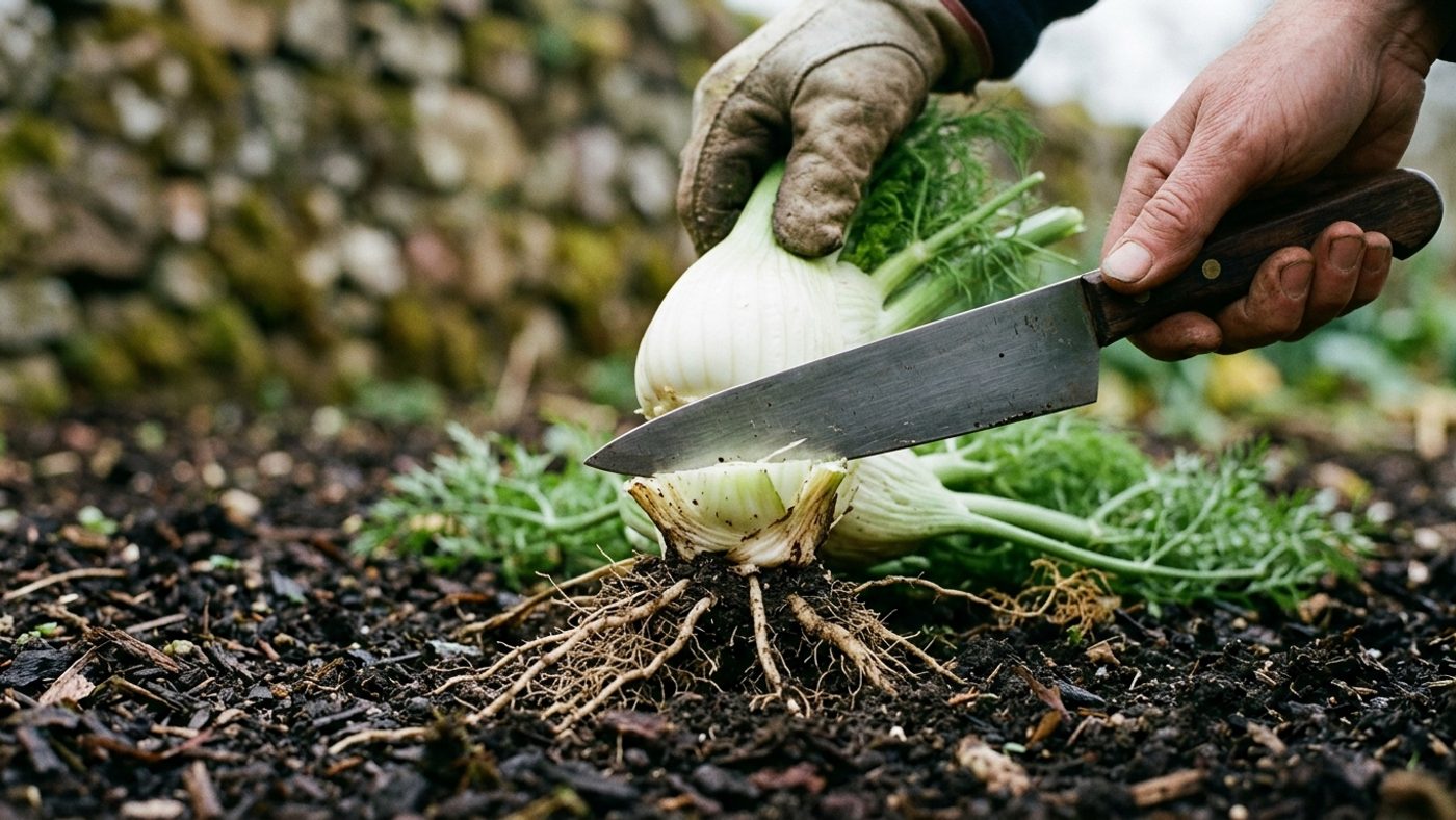 A knife cutting a Florence fennel bulb just above the roots, leaving the base in the ground to send up leafy shoots