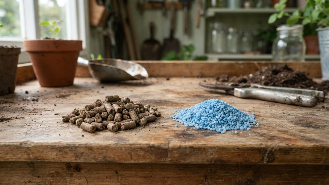 A small pile of brown organic pelleted fertiliser next to a small pile of blue synthetic crystalline fertiliser