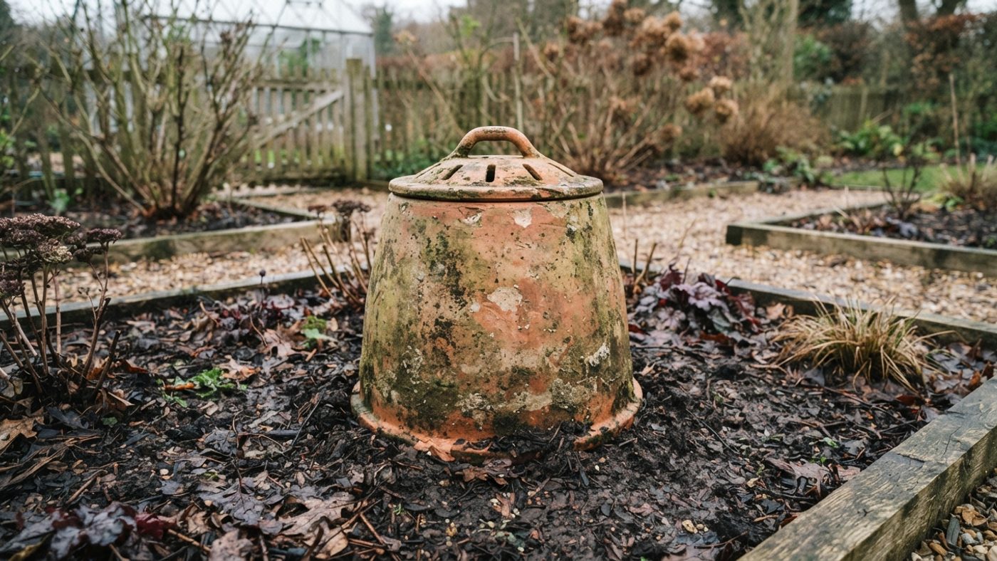An upturned terracotta pot covering a seakale crown in a garden bed to force blanched shoots