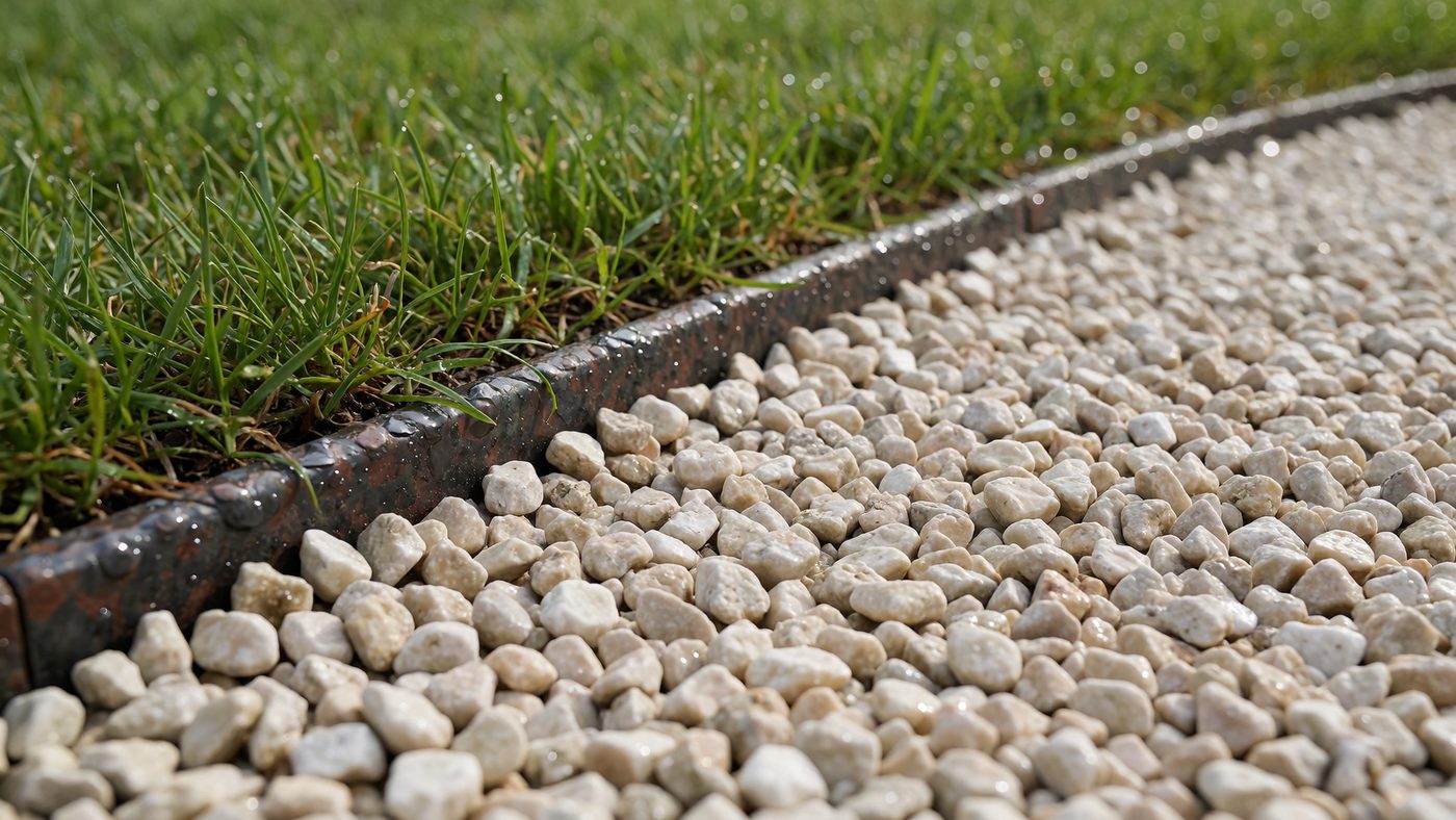 A well-laid gravel path edge contained neatly by a metal edging strip against a lawn