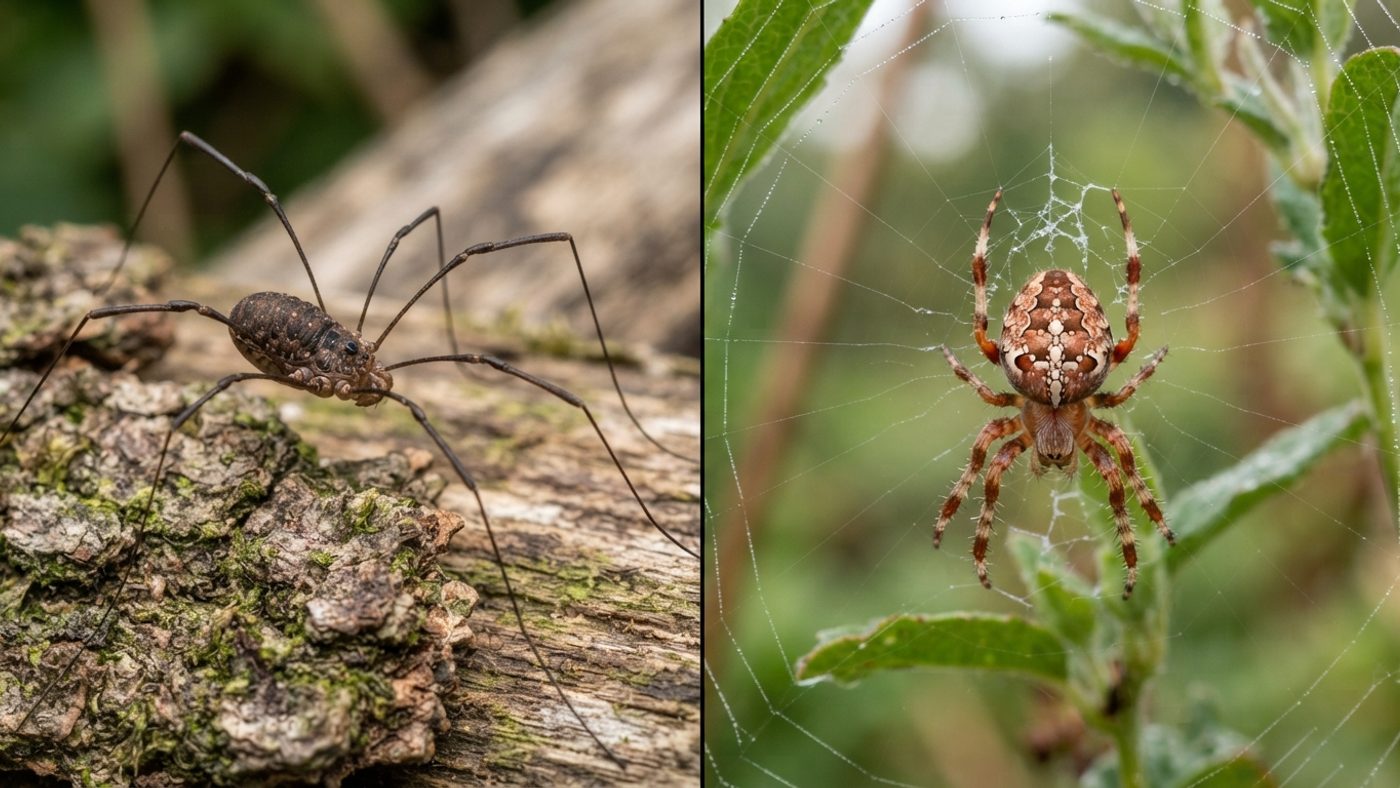 A side-by-side comparison of a long-legged harvestman and a true garden spider
