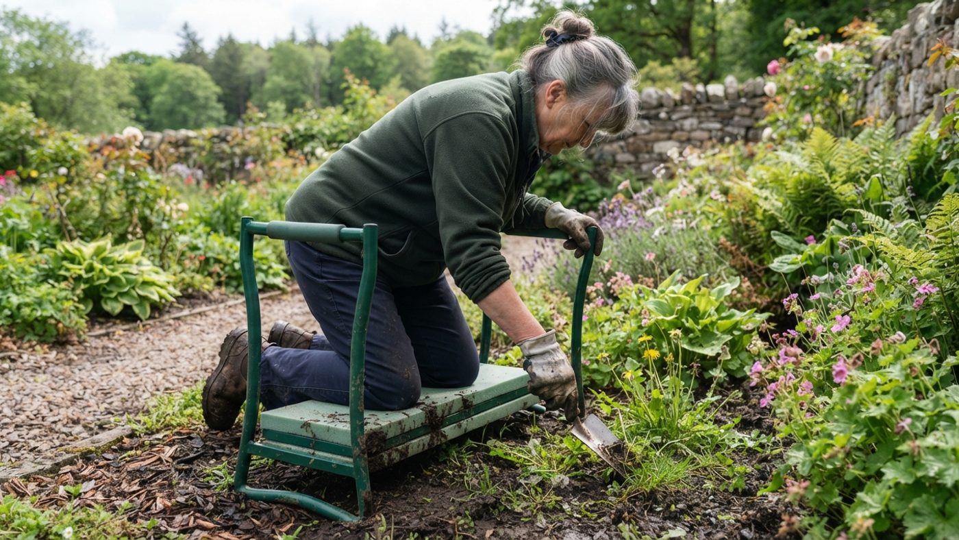 A person kneeling on a padded kneeler with handles while weeding a garden bed, using the handles for support