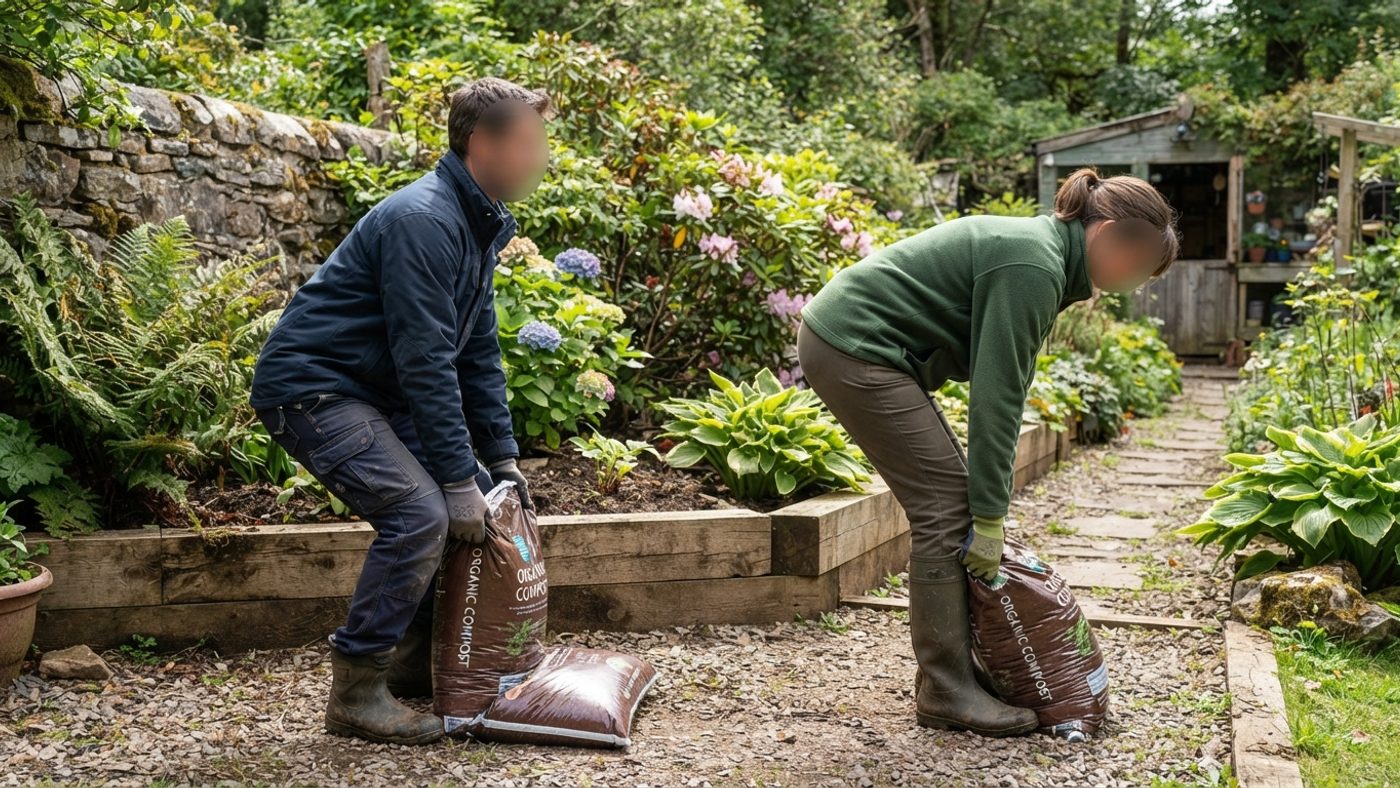A person correctly lifting a compost bag by bending their knees with a straight back next to a person incorrectly lifting by bending from the waist