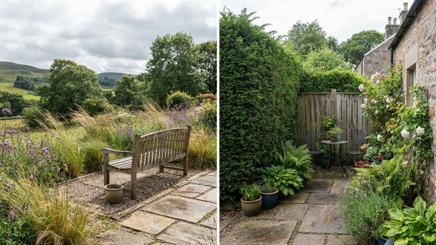 An open garden seating area catching a breeze next to a fully enclosed courtyard seating area sheltered on all sides by hedging
