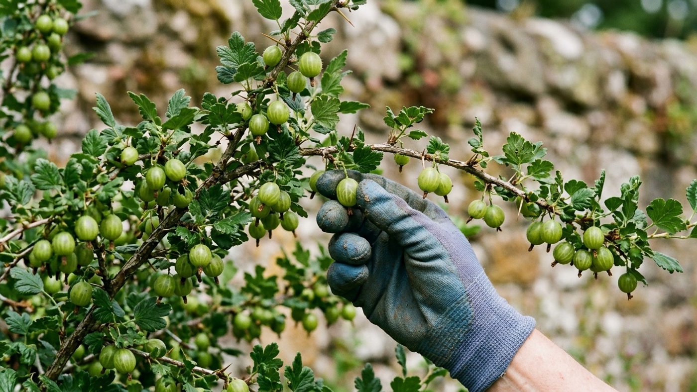 A gloved hand picking every other green gooseberry in June, thinning the bush for the remaining fruit to size up