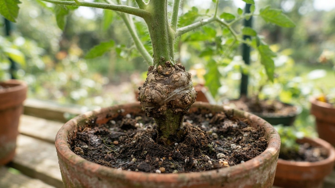 A close-up of a graft union on a tomato stem, kept clear of the surrounding compost