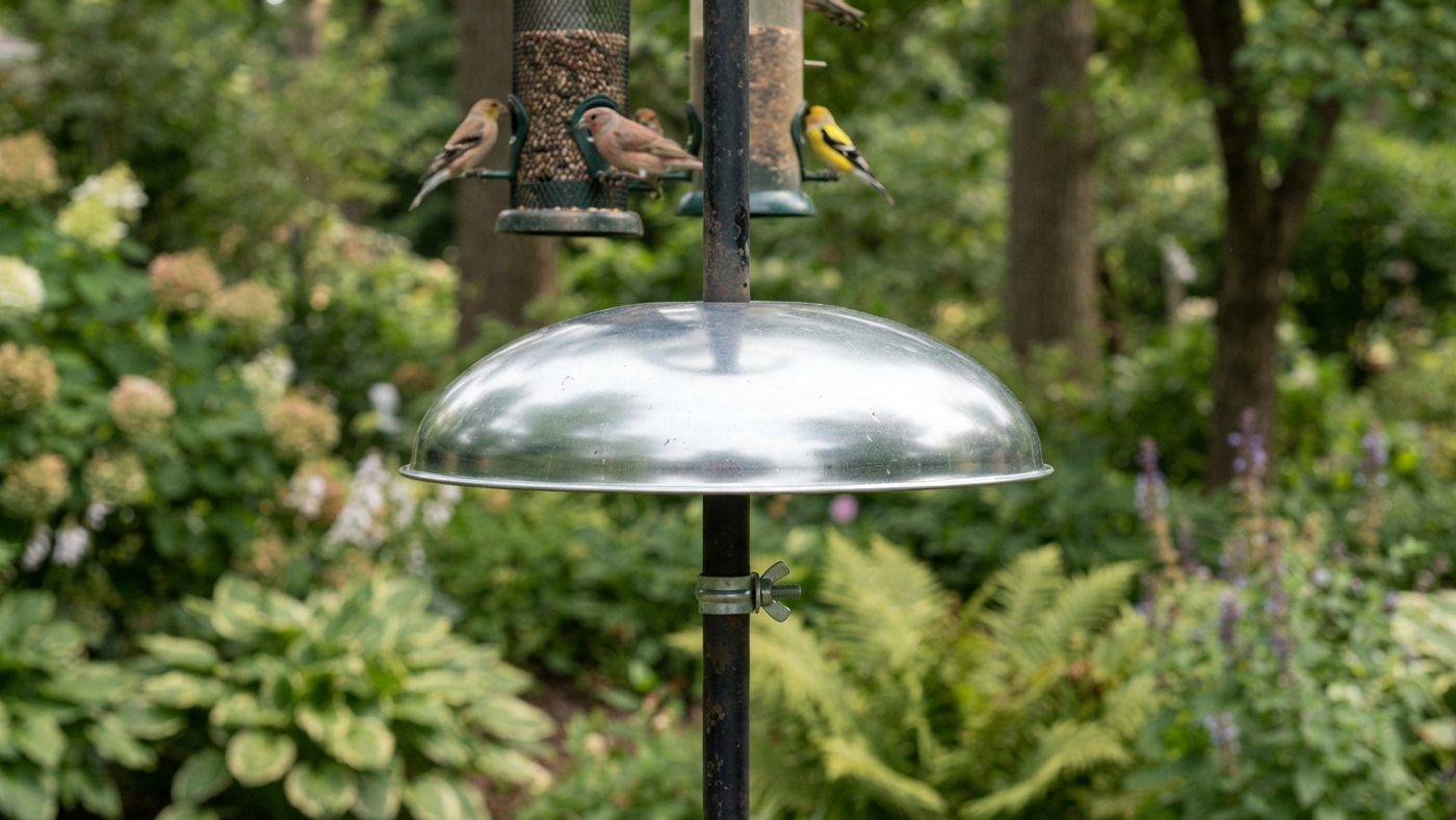 A dome-shaped baffle fitted onto a bird feeder pole to block a squirrel climbing route