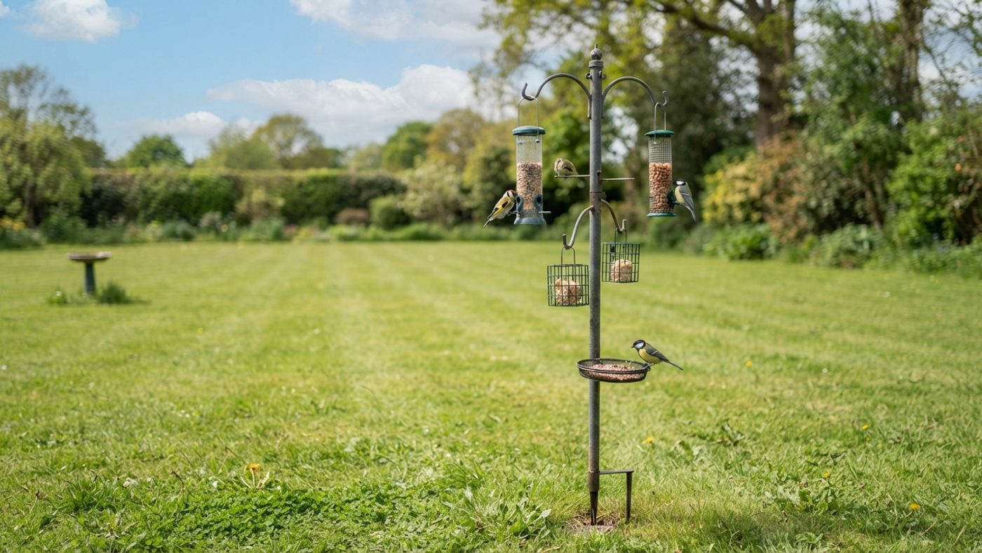 A bird feeder on a freestanding pole positioned well clear of any tree branches or fences