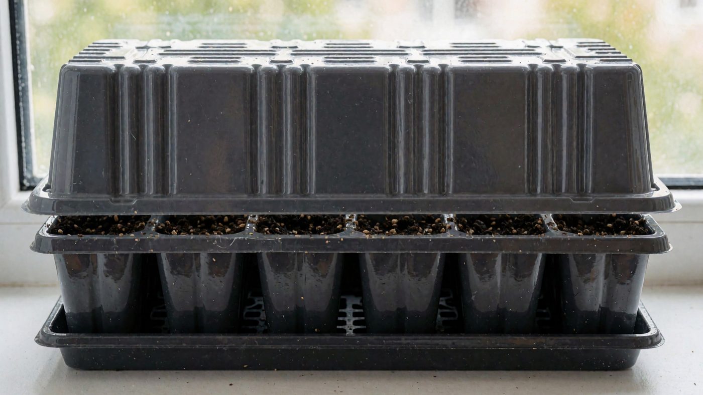 A seed tray covered by a second upturned tray as a blackout lid, on a windowsill