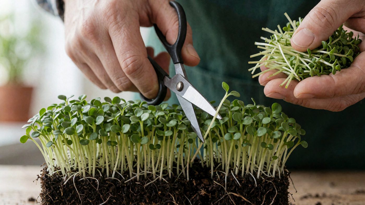 Hands cutting a patch of microgreens just above the compost with small scissors, a handful of cut stems held in the other hand