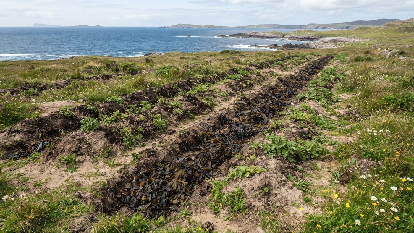 Traditional lazy-bed ridges of cultivated ground on machair, built up with seaweed