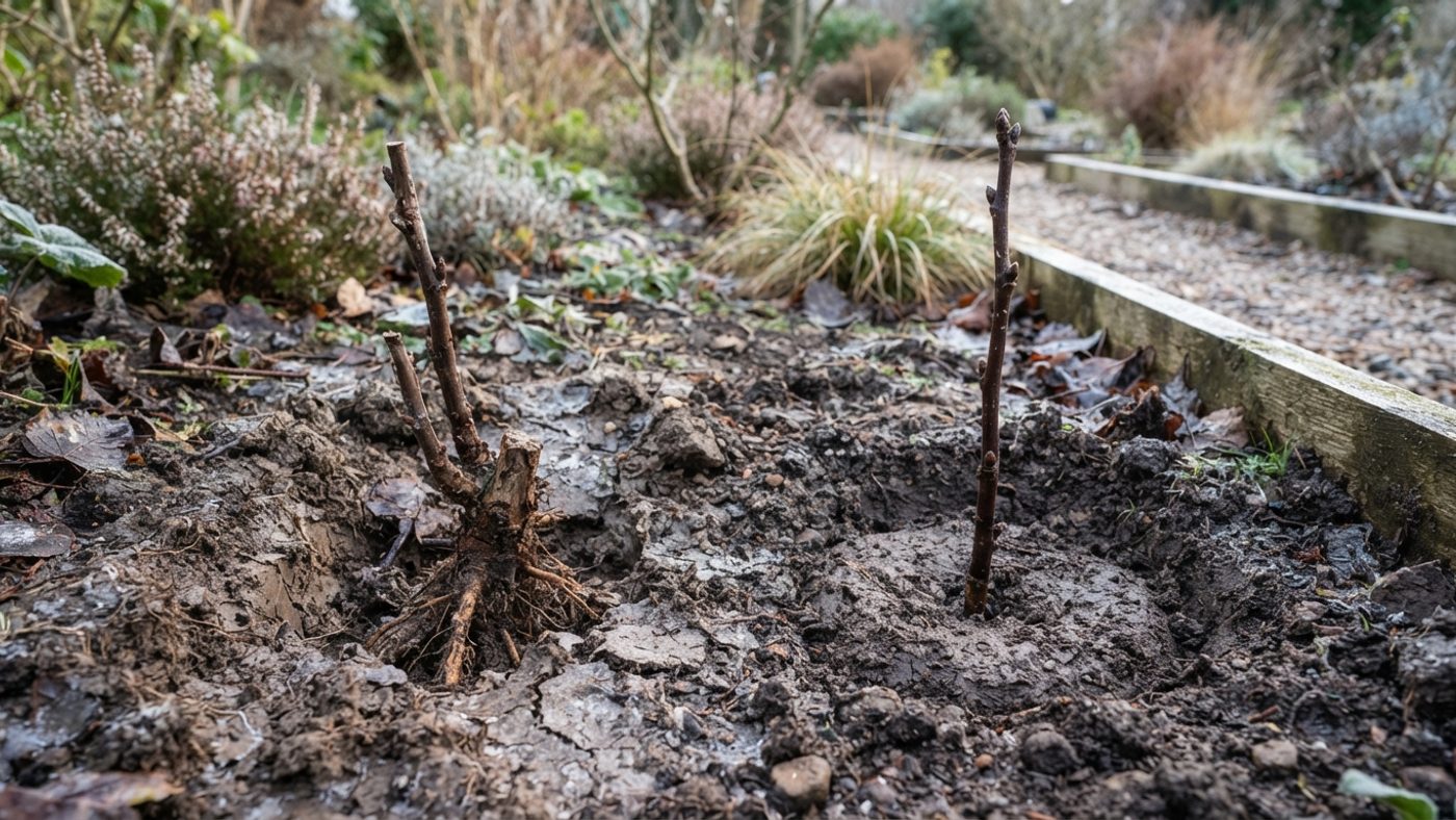A hardwood cutting heaved loose with its base exposed above the soil after a hard frost next to one still firmly set with soil firmed around its base