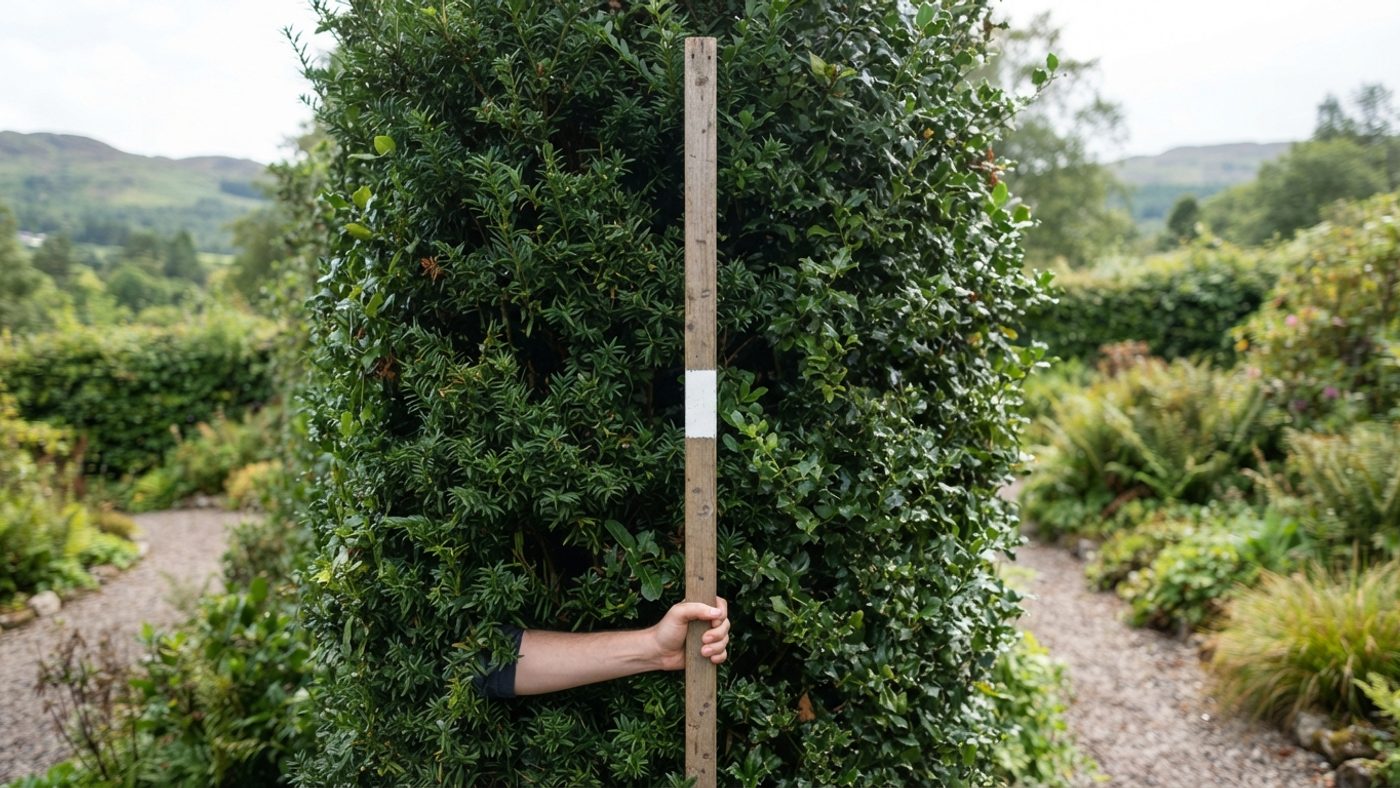 A tall measuring pole marked at two metres held up against a tall garden hedge