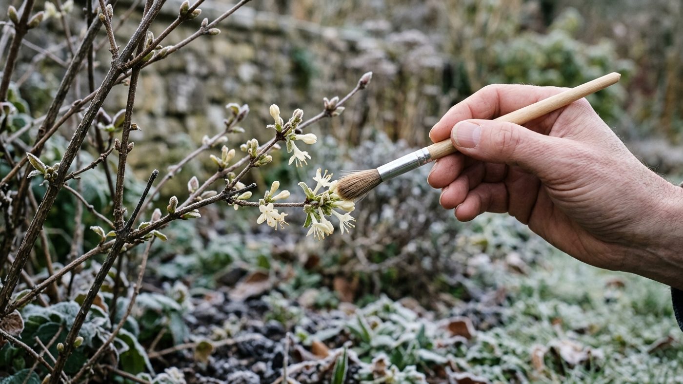 A bare hand lightly brushing a small soft paintbrush over small pale honeyberry flowers just opening in late winter